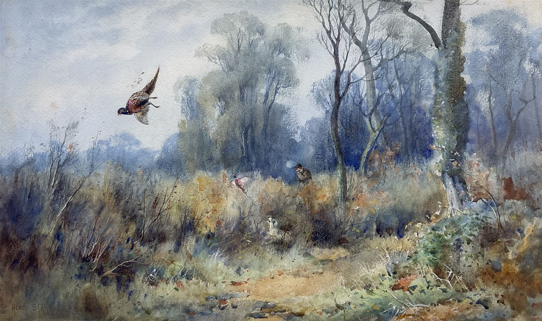 Henry John Sylvester Stannard RBA (British 1870-1951): Flushing Pheasants, watercolour signed 31cm x 52cm 