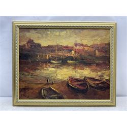 Valter Berzins (Latvian 1925-2009): Harbour scene at Dusk, oil on board signed 57cm x 74cm