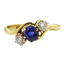 Early-mid 20th century gold three stone diamond and sapphire ring, stamped 18ct, total diamond weight approx 0.25 carat