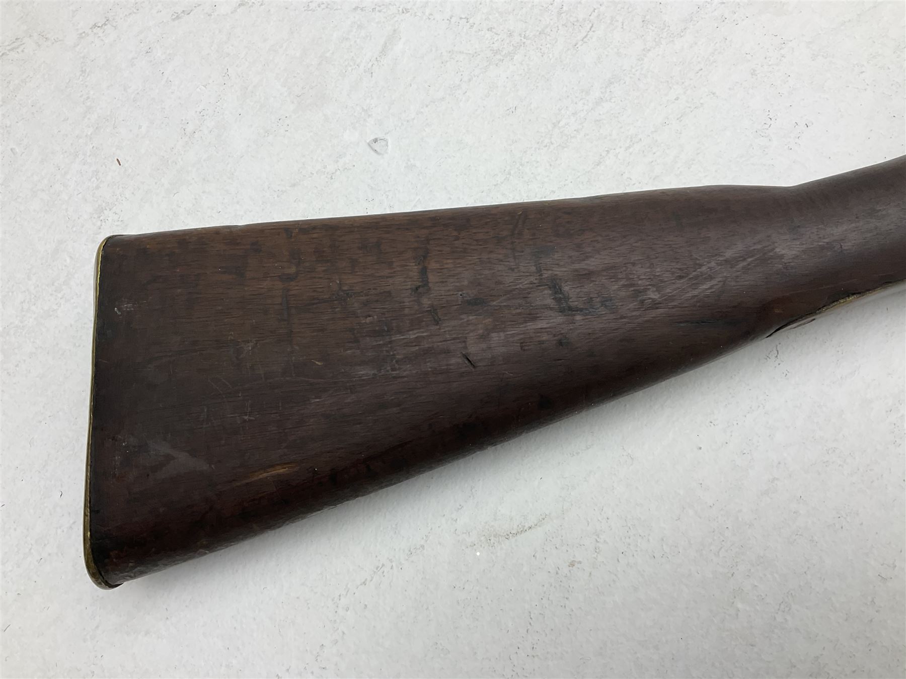 20th century Indian percussion military musket, approximately 20-bore, the 96.5cm barrel with three bands, the steel lock-plate marked 1862 Enfield, walnut full stock with brass fittings and under barrel ramrod channel L140.5cm overall