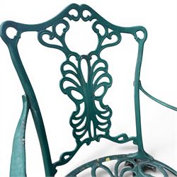 Victorian style cast aluminium garden table and four armchairs chairs in a weathered green finish