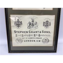 Framed display of three trade gun case labels for Joseph Lang & Son, Henry Atkin and Stephen Grant & Sons, mounted in Hogarth style frame 56 x 25cm