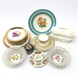  Royal Worcester trio with jeweled and gilt borders c1912, pair Meissen baskets with lattice pierced borders D16cm, Foley Bone China 'Broadway' cup and saucer, Coalport Country ware toast rack & other ceramics and silver-plate   