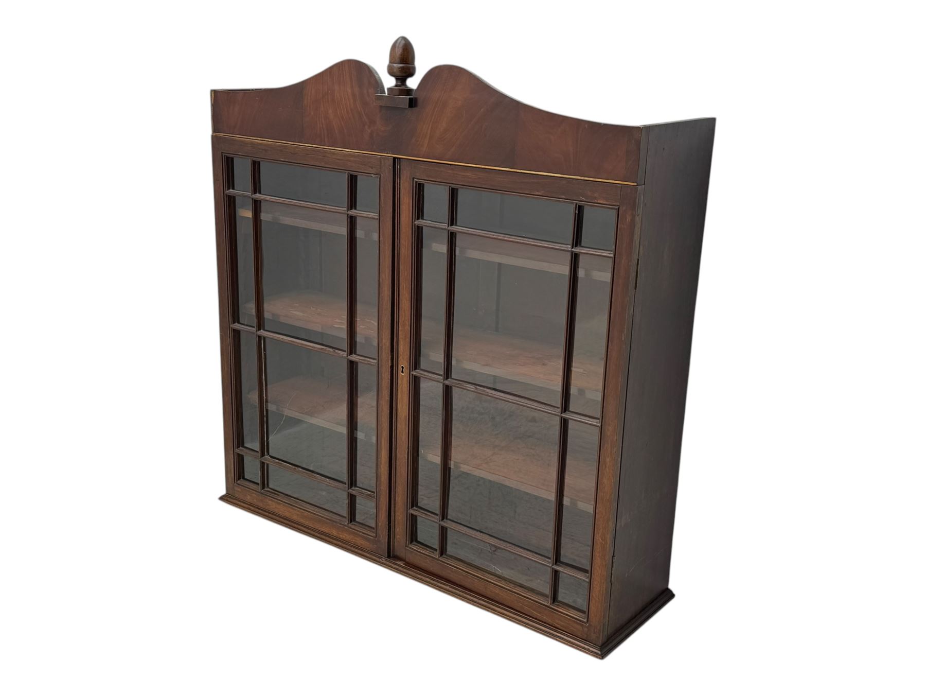 19th-century mahogany bookcase top with two glazed doors and pediment with acorn finial 