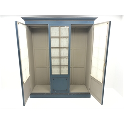  Large early 20th century triple wardrobe, projecting cornice, light royal blue and gilt painted finish, two glazed doors, plinth base, W174cm, H204cm, D55cm  