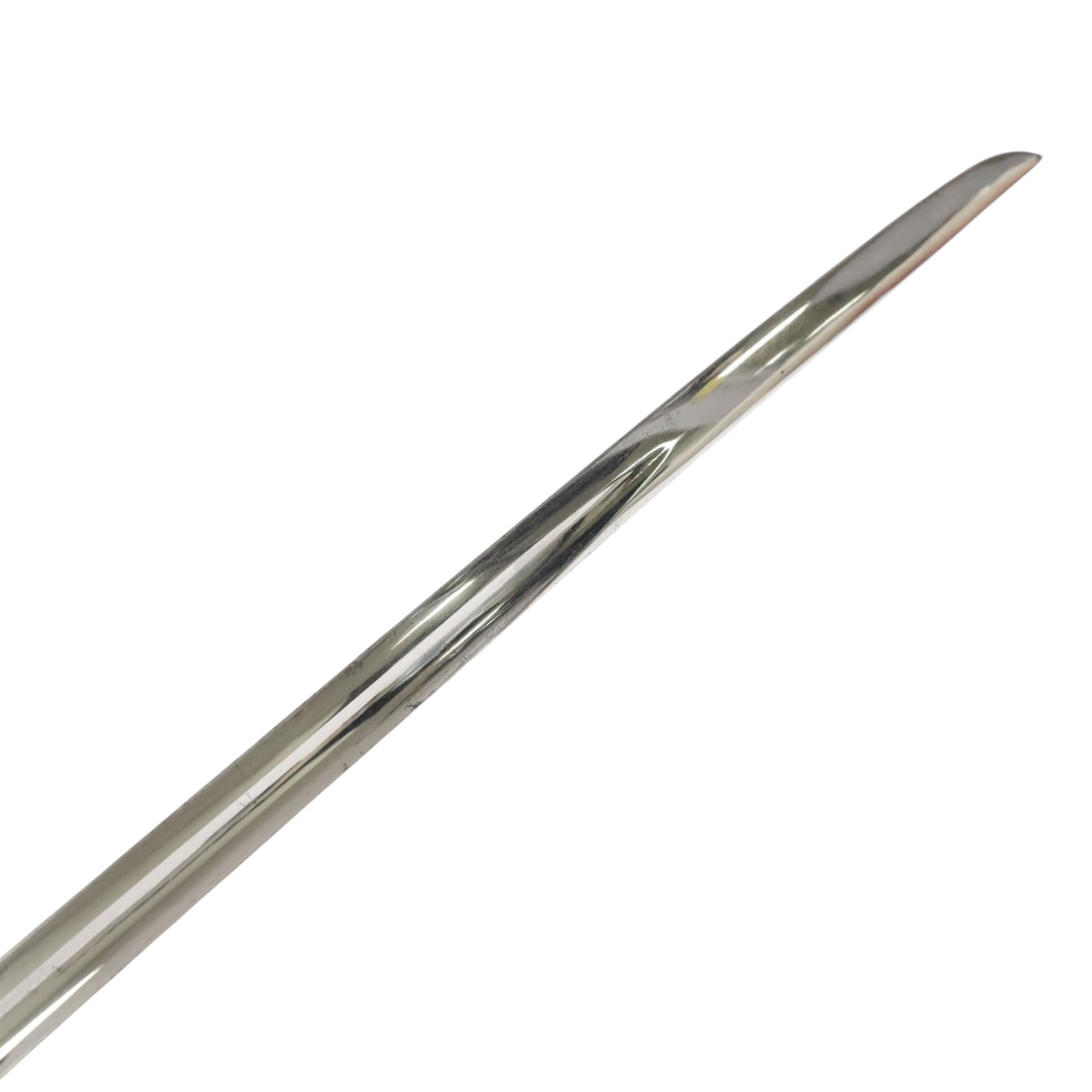 British 1874 pattern, named, 2nd Life Guards State sword by Henry Wilkinson, Pall Mall London, circa 1912, the 94cm straight single edged blade with George V monogram and cypher, together with battle honours and owners initials H.L.H, marked 43714 to the top, the steel nickel plated basket hilt with applied George V crown and 2nd life Guards monogram in gilt brass, shagreen bound grip with triple silver wire, with steel nickle plated scabbard with triple brass mounts with twin suspension rings, overall L114cm