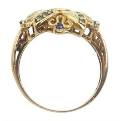 Gold sapphire and green amethyst flower design cluster ring, stamped 9K