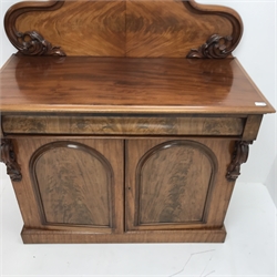 19th century mahogany chiffonier sideboard, raised shaped and carved back, single frieze drawer above two cupboards enclosing two drawers, plinth base, W115cm, H151cm, D54cm