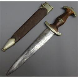  Nazi S.A. dagger, 22cm straight tapering double edged blade marked Alles Fur Deutschland, makers mark for Carl Wusthof Solingen, cross guard stamped S, wooden grip inlaid with eagle, swastika and emblem,  L35.5cm in nickel mounted metal scabbard   