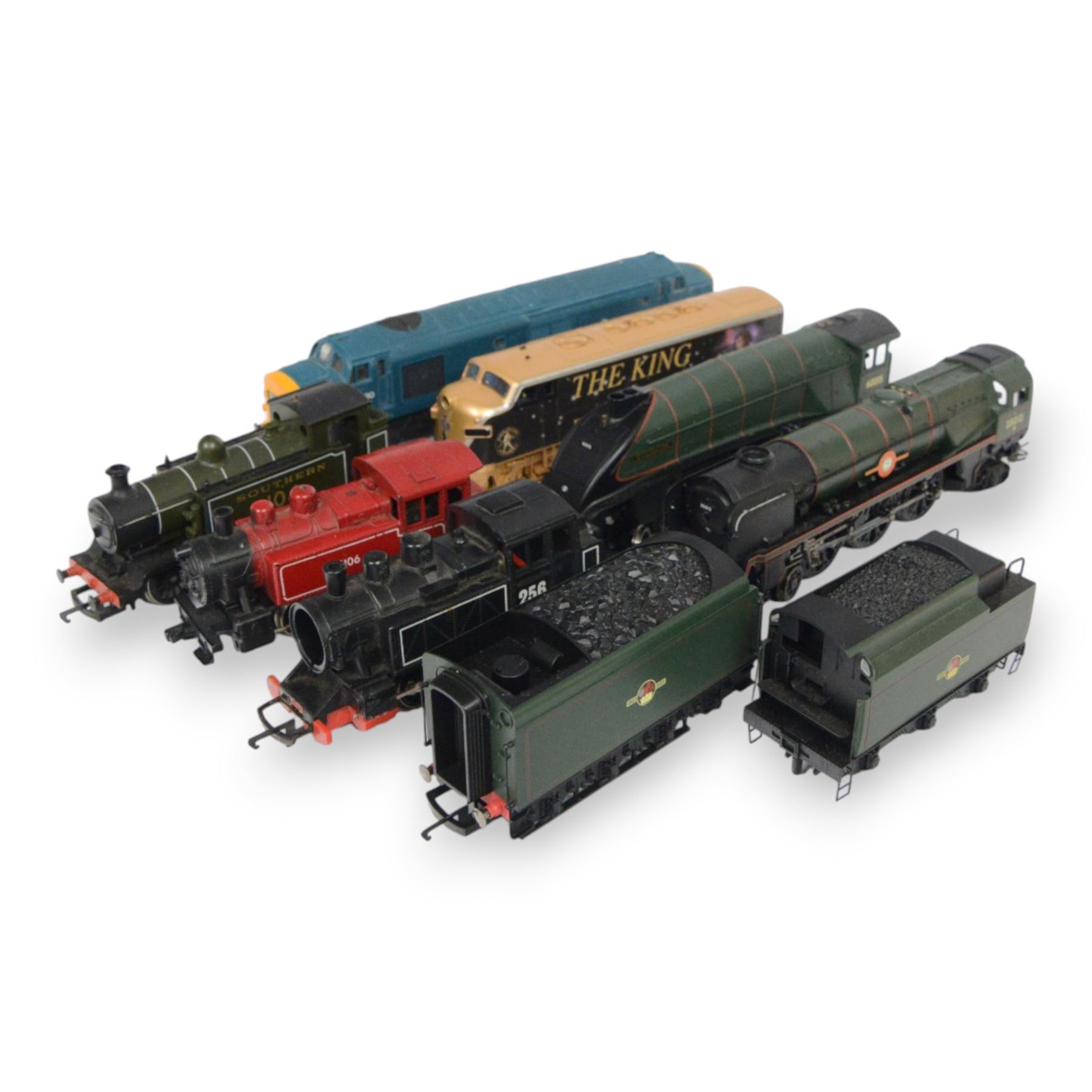 Seven 00 gauge locomotives, comprising Hornby R751 Class 37 diesel, Bachmann Elvis King of Rock And Roll Express, Hornby Merchant Navy United States Lines, Hornby A4 Class Quicksilver, three tank locomotives and two tenders, all unboxed