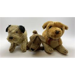 Three English dogs 1930s-60s including Deans Rag Book Co. Ltd. 'Childsplay' corgi in crouching position with two-tone body, glass type eyes and plastic nose with stitched mouth L18