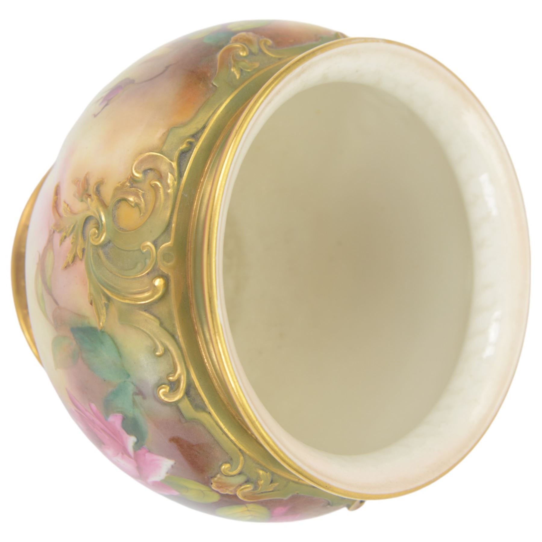 Early 20th century Royal Worcester jardiniere, painted  with pink and yellow roses amongst green foliage, signed A. Chidley with printed mark beneath and date code for 1910, H17cm