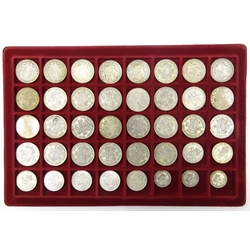  Collection of Great British pre 1947 silver coins thirty half crowns, seven two shilling coins and three one shilling coins, in a coin display tray (40)  