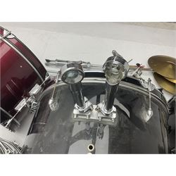 Rockburn eight-piece black drum kit with bass drum, floor tom and five other toms and snare drum; together with two other snare drums; Haosen bass drum; four cymbals; various stands, foot pedals, stool, tri-angle, drum sticks etc