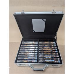 James Bond DVD collection, housed in a 007 collectors briefcase, together with Corgi The Definitive Bond Collection Film Canister 4 Piece Set CC99106, Corgi James Bond Space Shuttle CC04001 and a Vanguard RAC special limited edition diecast model set, all boxed