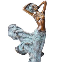 After Angelo Basso - art nouveau style bronze of a lady caught in the wind, on marble base, H31cm