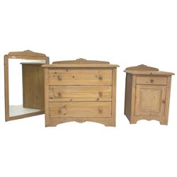 Washed pine three drawer chest (W86cm, H78cm, D48cm), bedside fitted with drawer and cupboard (W50cm, H70cm, D38cm), and matching wall mirror (55cm x 86cm)