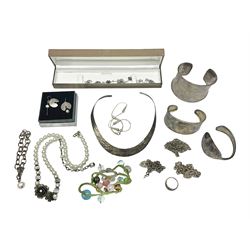 Silver jewellery, including two bangles, collar necklace, two bracelets with heart padlock clasps, earrings, ring, etc together with beaded and costume jewellery
