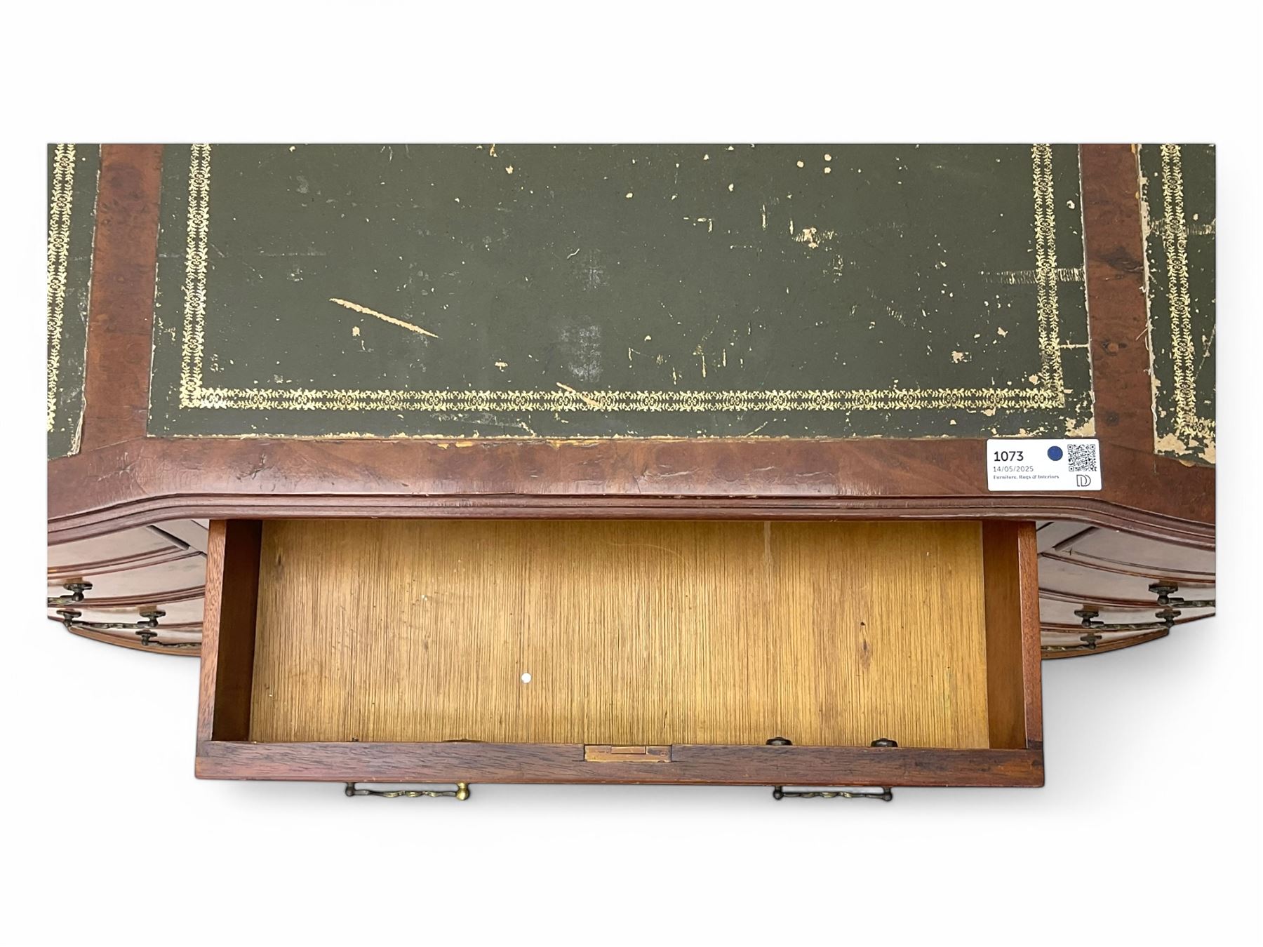 Queen Anne design burr walnut pedestal desk, of serpentine form with green tooled leather inset top, nine drawers with brass swan-neck handles, raised on bracket feet, in three parts
