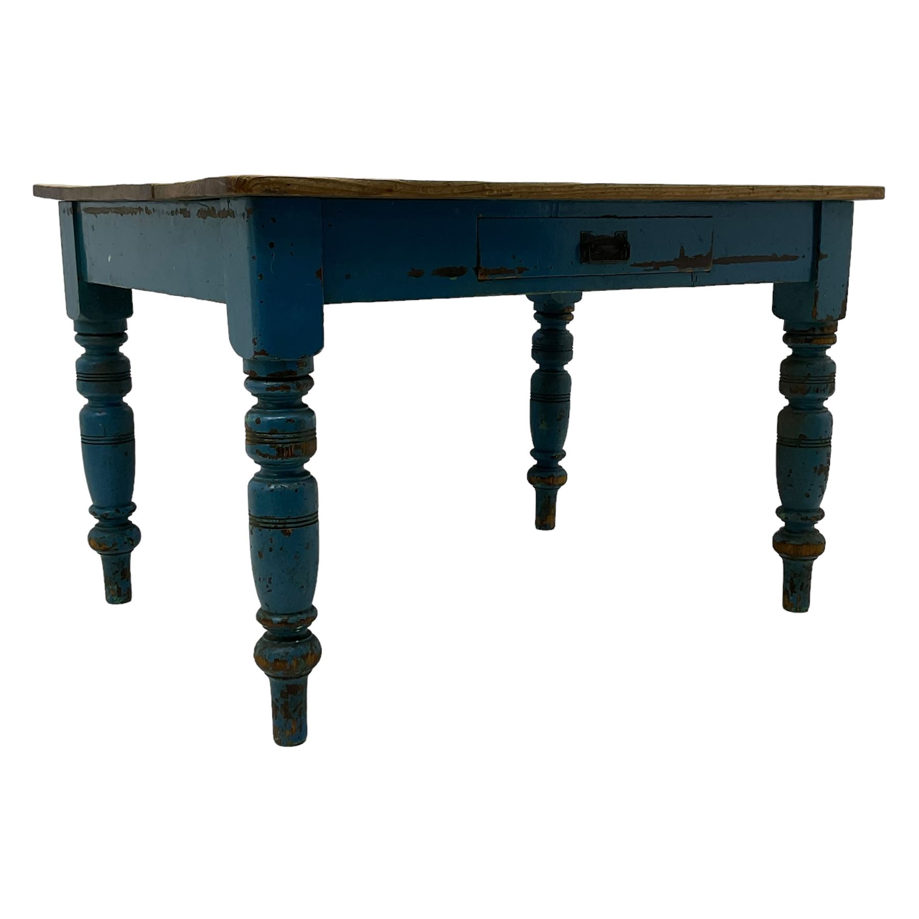 Victorian rustic painted pine kitchen table,  rectangular stripped top, the blue painted base fitted with single drawer, on ring turned supports