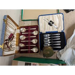 Brass fishing reel, silver plated cased cutlery, together with a Sharp built in kit for a microwave oven and a collection of stamps