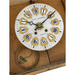 Auguste GP. Andhomme - French vineyard clock,  late 19th century 8-day twin train spring driven wall clock with enamelled and inlaid brass decoration within an ebonised and glazed case, circular enamel dial with cartouche Roman numerals, minute markers, pieced steel hands and a chased brass slip, striking movement, sounding the hours and half hours on a coiled gong. With pendulum and key.  
