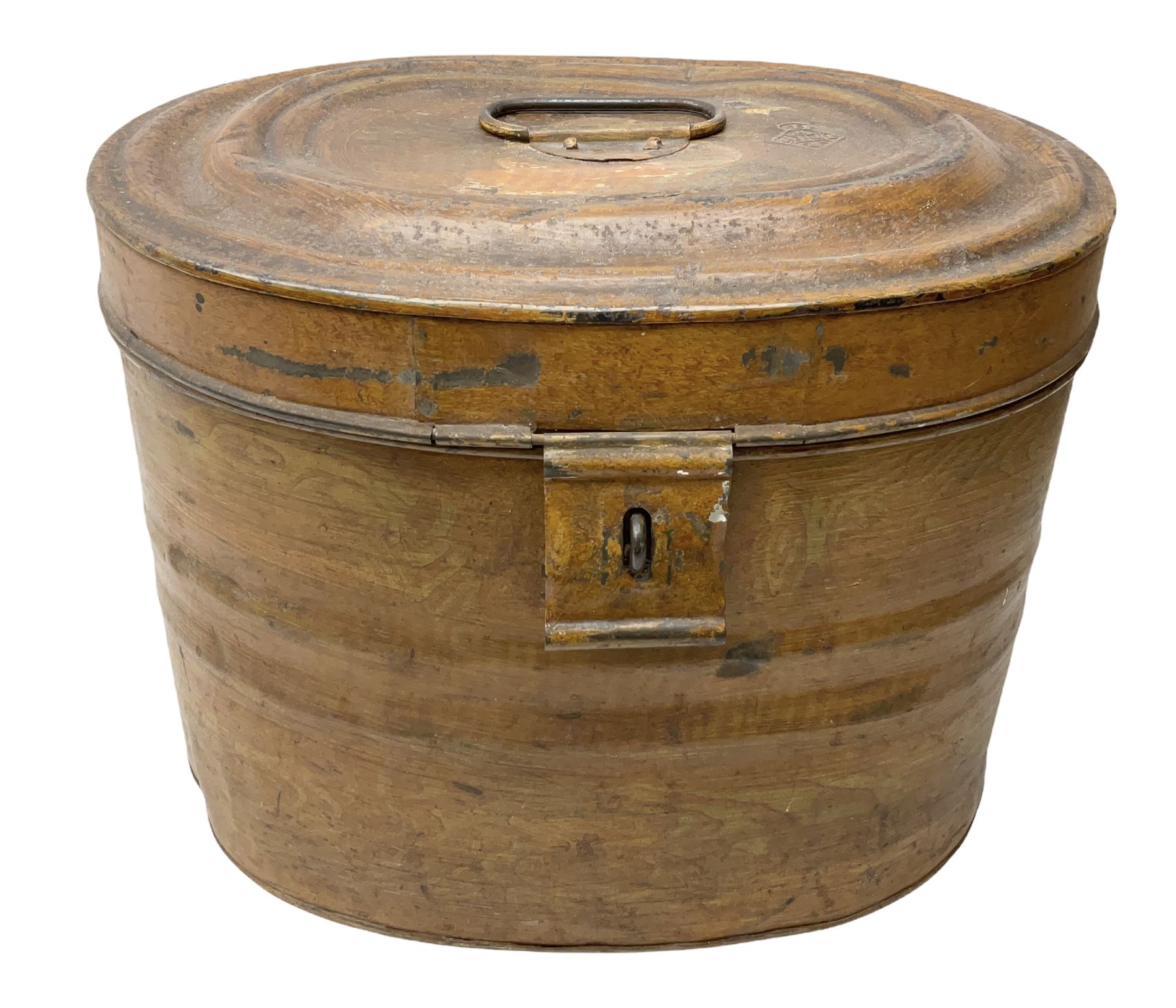 Victorian metal hat box, oval form, with a scumble wood-grained finish exterior and sky interior, H28cm
