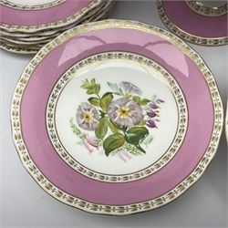 Victorian Copeland, Botanical dessert service, decorated with floral sprigs to the centre with a pink and gilt border, comprising five comports and seven plates, largest comport H20cm, plate D22cm