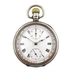 Silver open face Swiss lever keyless chronograph pocket watch by Le Phare.W. Co, white enamel dial, with 'Miles Per Hour From 1/4 Mile Distances' outer ring, case by Dennison