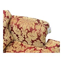 Duresta - pair of Grande three-seat sofas, traditional shaped with rolled arms and upholstered loose cushions, in red ground fabric with raised gold foliate pattern, on turned feet with brass castors 