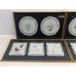  Four framed sets of silk table mats each painted with natural history subjects Butterflies, Birds and Flowers, backed on black ground, L61cm max  