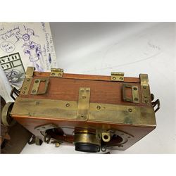 Sands Hunter & Co Ltd folding 1/4 plate camera in mahogany and lacquered brass, with two lenses and leather case