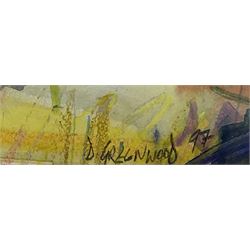 David Greenwood (Northern British Contemporary): 'Jervaulx Abbey', mixed media signed and dated '97, titled on label verso 19cm x 33cm