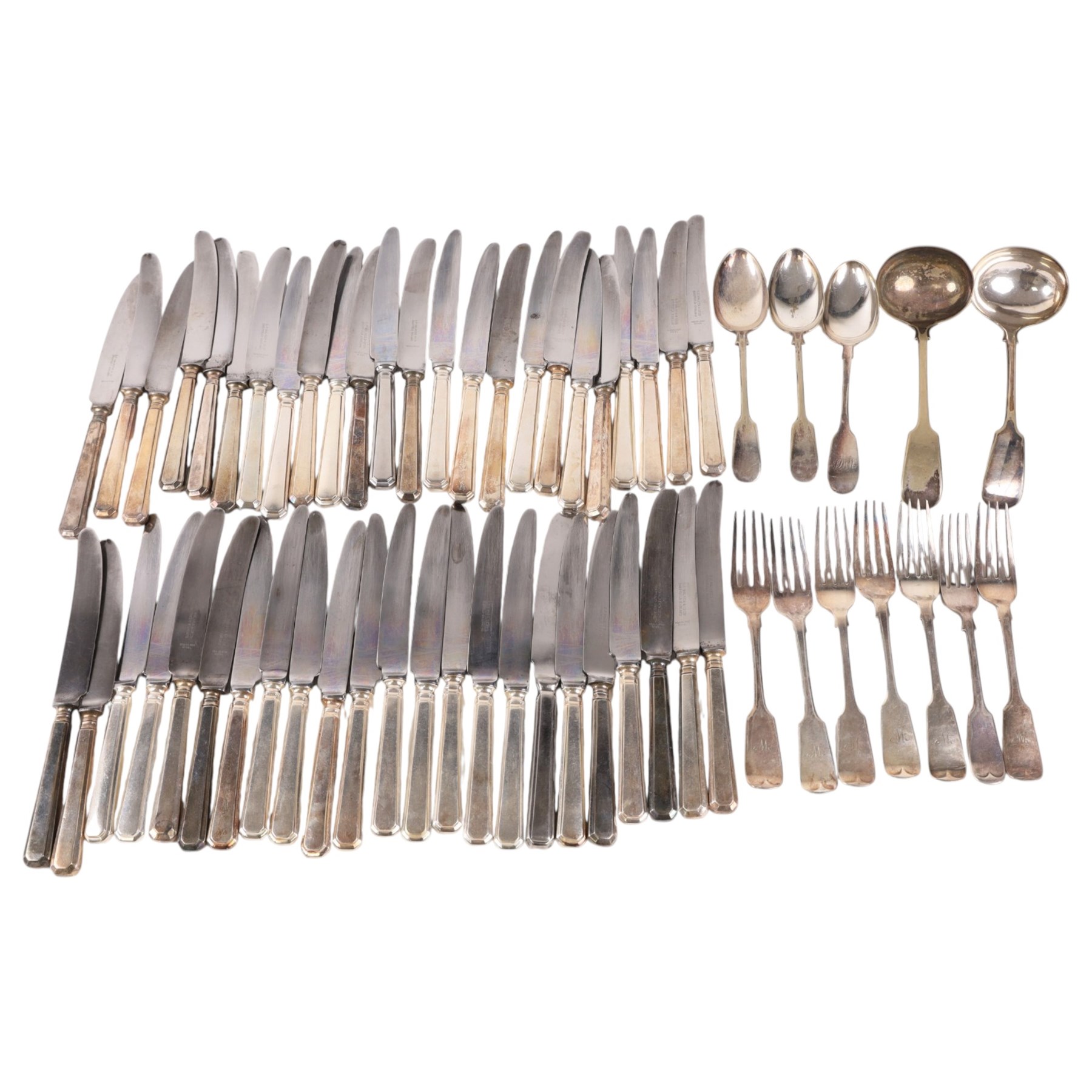 Collection of silver plated cutlery including, ladles, table knives, forks and spoons