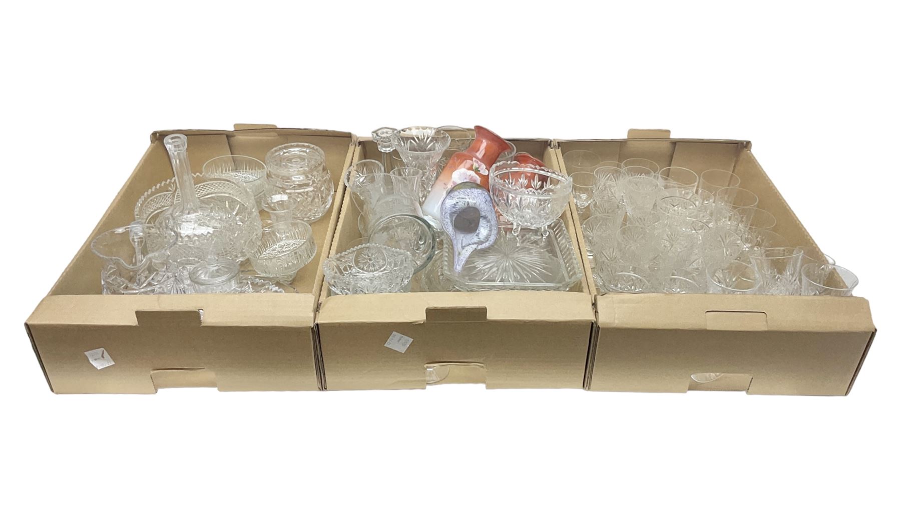 Four boxes of glassware to include painted vases, jugs, drinking glasses, art glass vase etc
