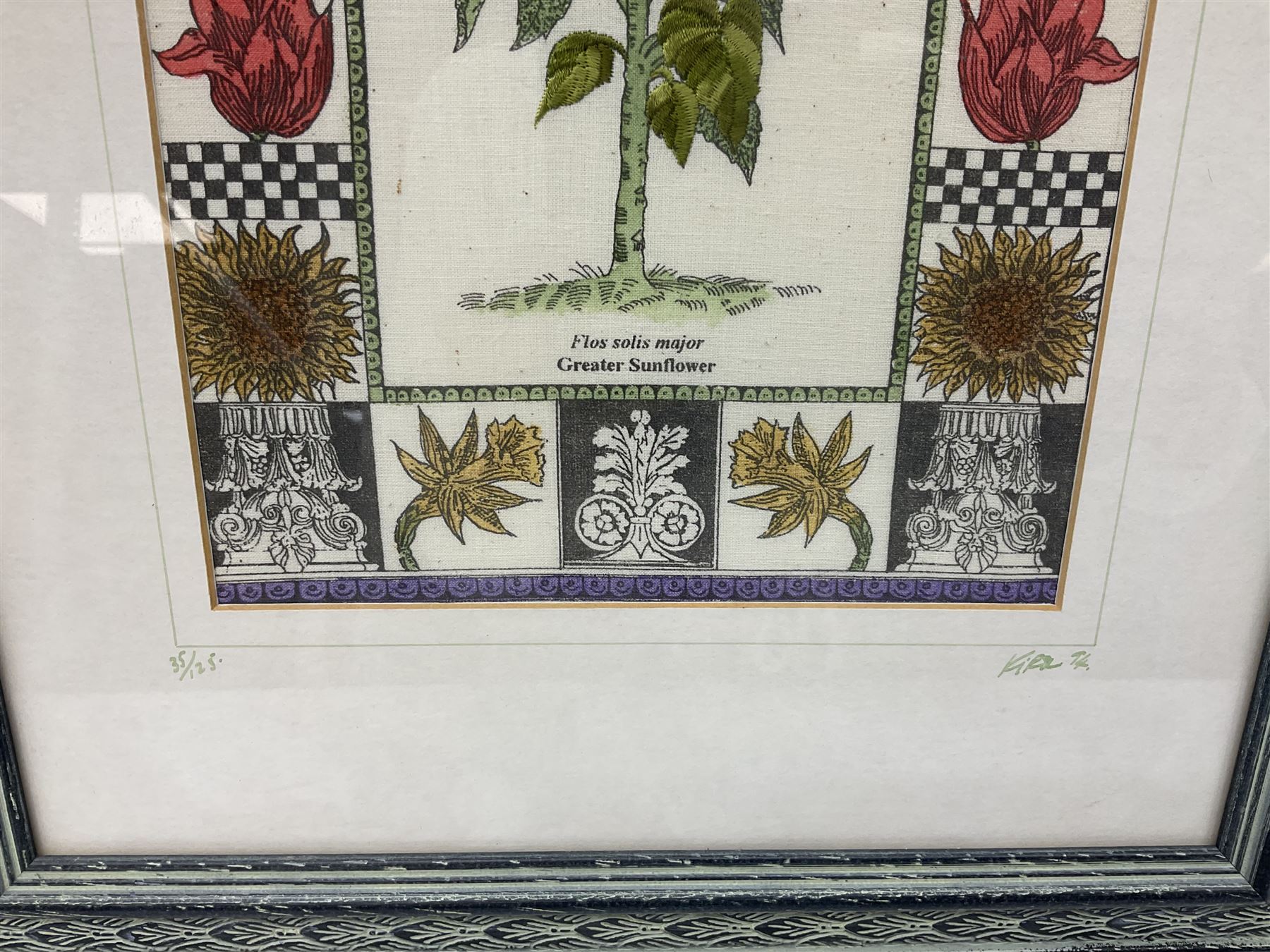 Pair of embroidered panels worked with floral studies of Greater Sunflower and Double Blew-Bottles, by Kirsten Bell, signed and dated '94, housed in glazed frames, W33cm. H43.5cm