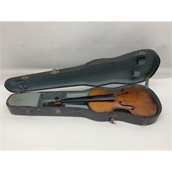 Late 19th century German trade violin c1890 with 36cm two-piece birds-eye maple back, neck and ribs and spruce top; bears label 'Manufactured in Berlin Special Copy of Nicolaus Amati' L59.5cm; in carrying case