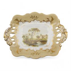 Davenport porcelain dessert plate, painted with a figure and cottage in a rural landscape, within a raised gilt border, D24cm, a 19th century English porcelain twin handled dessert dish, together with an early 19th century porcelain cabinet plate, painted with a river landscape within a gilt border, possibly Derby, unmarked, D22cm (3)