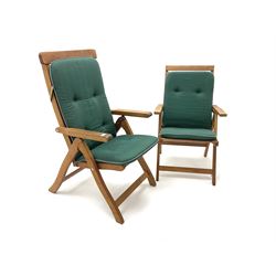 A pair of hardwood folding garden chairs, together with removable cushions 