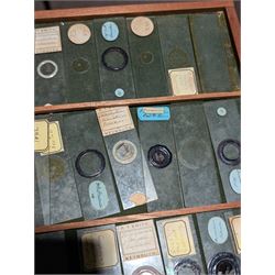 Victorian collector's specimen cabinet, containing a number of prepared microscope slides including miniature photographs, animal and human pathological, physiological and histological specimens and botanical specimens, mostly annotated in ink, the cabinet with glazed door, the drawers with bone handles and lined with green felt, owned by Dr Arthur Bristow, together with a picture of the doctor, cabinet H43cm