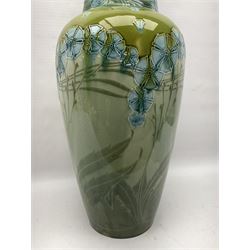 Leon Solon and John Wadsworth for Minton, large Secessionist vase, shouldered form, decorated with flower heads and foliage on a blue green ground, H46cm