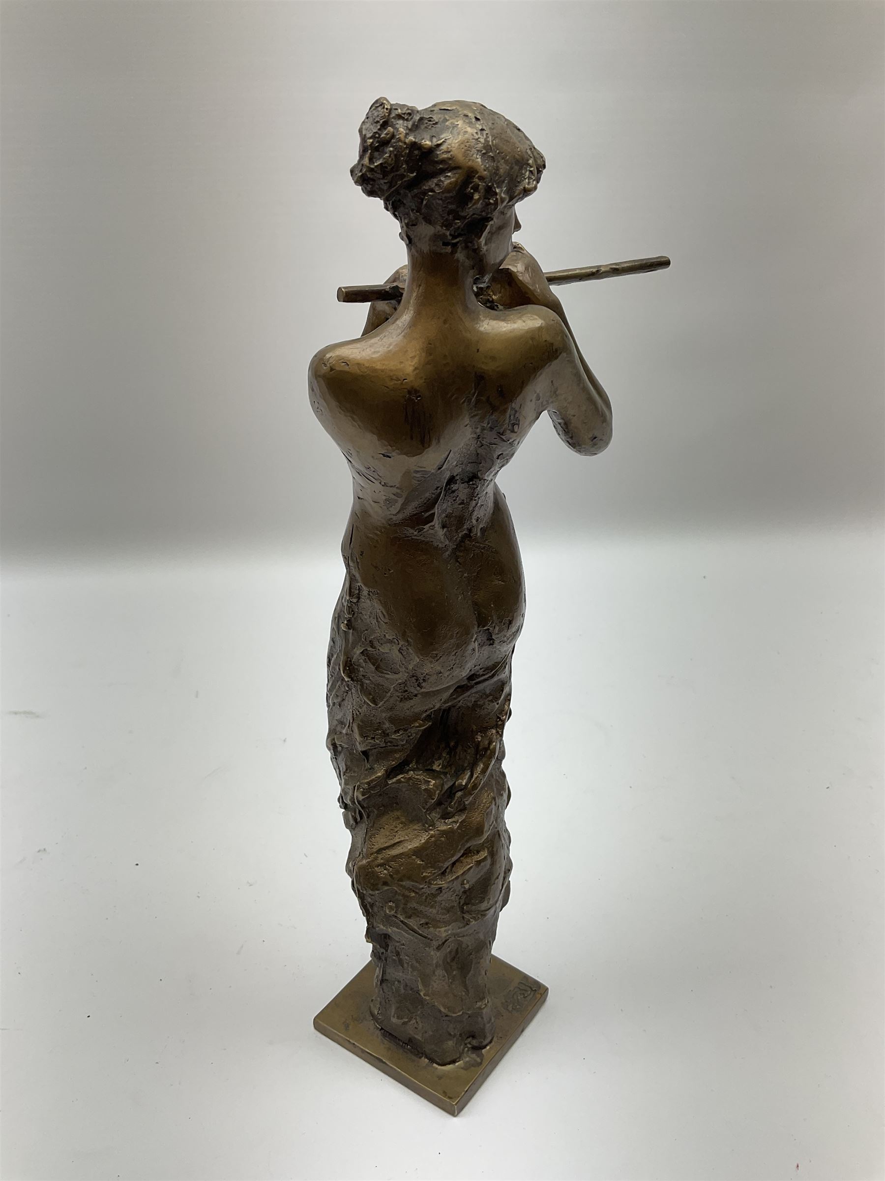 Sasa Zahradnik (Czech, B1950), bronze figure of a female flute player, with impressed stamp to the base, H34cm