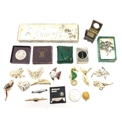  Marcasite brooch, commemorative piece and crowns, Butler and Wilson costume jewellery, engineer's plan magnifier and matchbox sleeve, and suite of crystal jewellery  