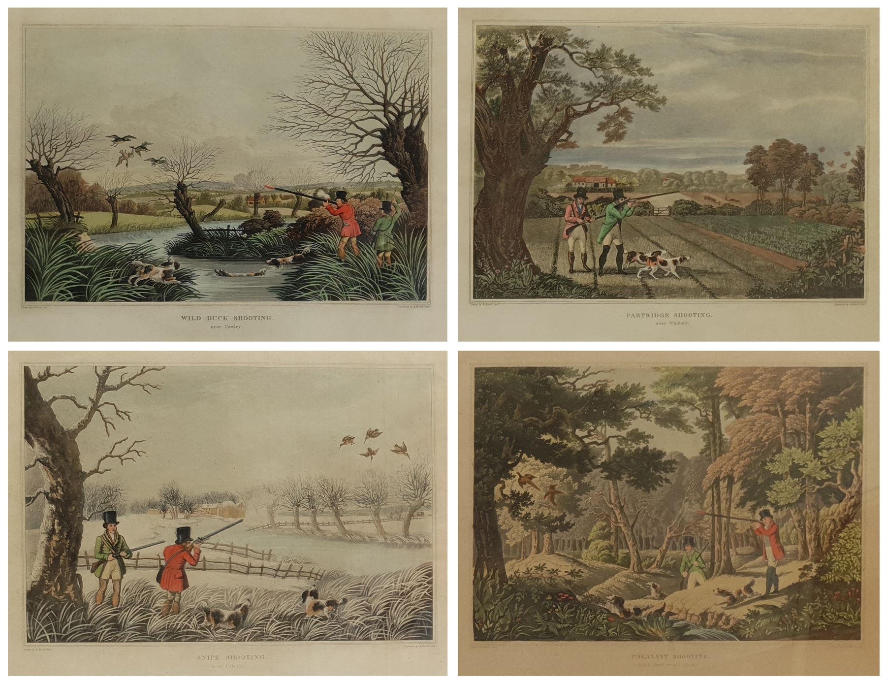 After Robert Havell Jr (British 1793-1878): 'Wild Duck Shooting near Cowley', 'Partrdge Shooting near Windsor', 'Pheasant Shooting near Uxbridge' and 'Snipe Shooting near Uxbridge', set four coloured aquatints 29cm x 37cm (4)