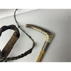 Collection of hunting crops and riding whips, including horn handle examples with silver cuffs