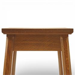 Mouseman - square lightly adzed oak lamp table, with memorial inscription, from Clifton Methodist Church, on octagonal supports with carved mouse by the workshop of Robert 'Mouseman' Thompson