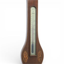 John Fiora- Nottingham, George III mahogany and inlaid wheel barometer, with a circular silvered brass dial, and spirit thermometer, shaped case with swan neck pediment surmounted by a brass finial, shell and floral paterae inlay, and boxwood stringing, U-shaped glass tube damaged/incomplete 