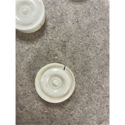 19th century walnut and brass bound games compendium box, painted to enhance the grain, of rectangular form, the hinged opening cover with rounded sides, central brass cartouche with engraved lion crest, and brass riveted straps, opening to reveal a red leather and blue silk lined compartmented interior, with fold-down games board, and lift-out tray containing playing cards, ebony turned dice towers, white and red stained bone draughts, and chess pieces, ivory dice, and ivory and ebony whist markers, and brass bezique board, cribbage board and markers, H15cm W32cm D24cm
This lot has been registered for sale under Section 10 of the APHA Ivory Act