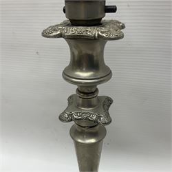 Pair of Corinthian column candlesticks, and a silver plated lamp, candlesticks H26cm