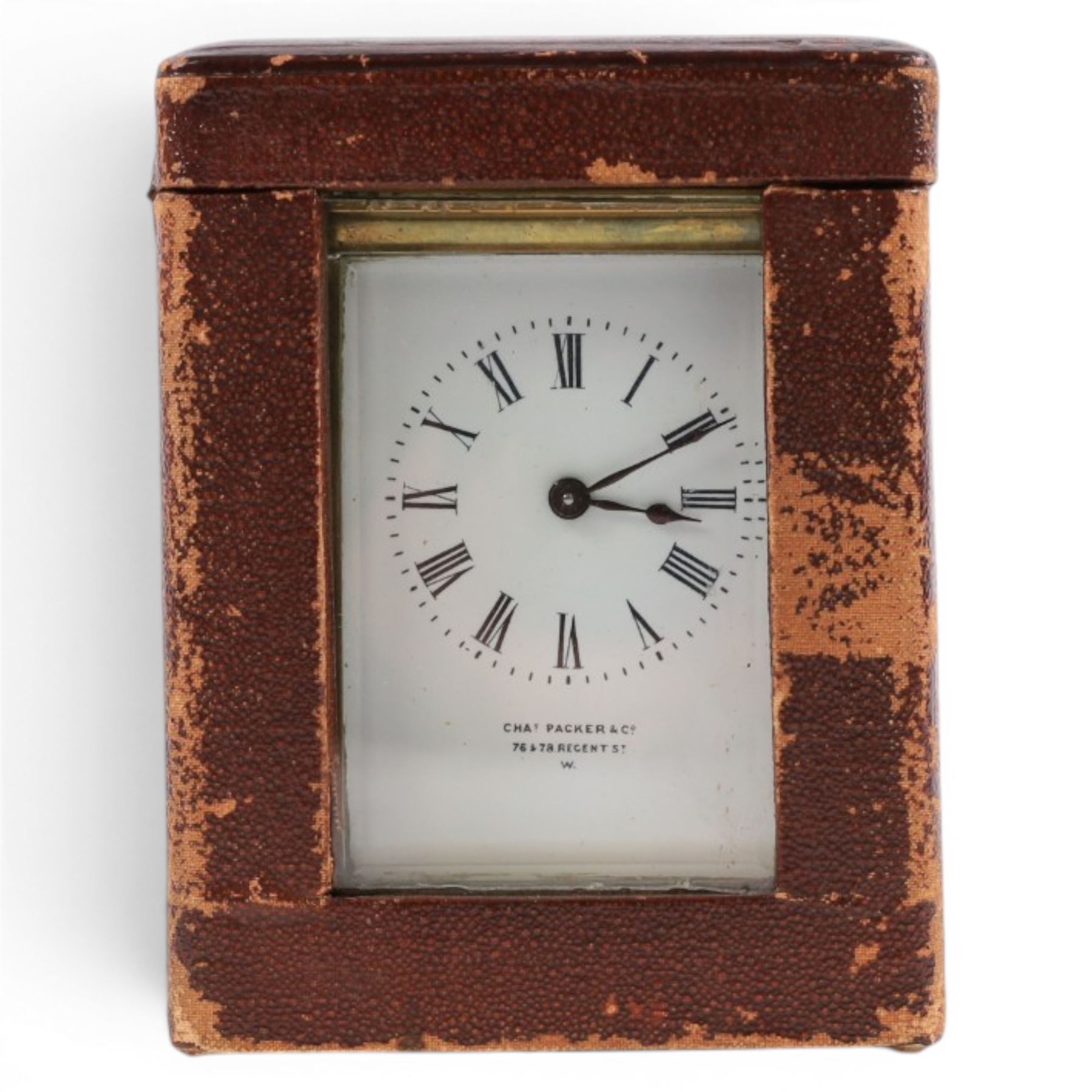 Richard & Co of Paris brass carriage clock with Roman dial, in original leather travel case, H13cm